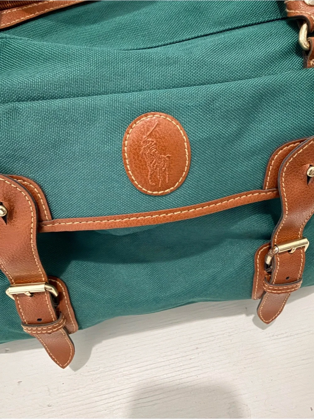 Vintage Polo Ralph Lauren Green Canvas Leather Weekender Duffel Bag